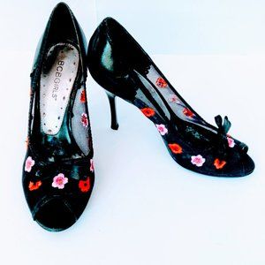 BCBGirls Peep Toe Embroidered Floral Heels